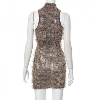 Mesh Tassel Matching Color Mini Dress Women Turtleneck Sleeveless Body-shaping Casual Streetwear Brown